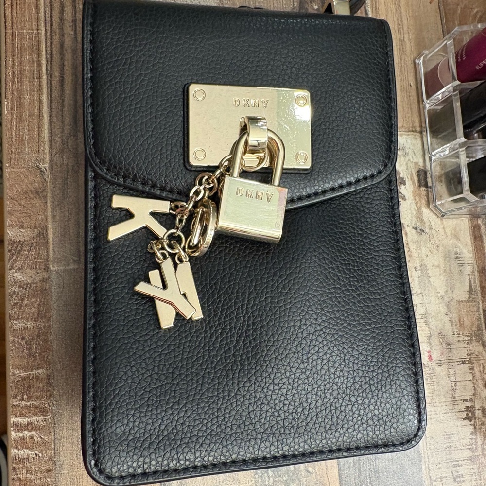DKNY Black Leather Crossbody with Gold Details